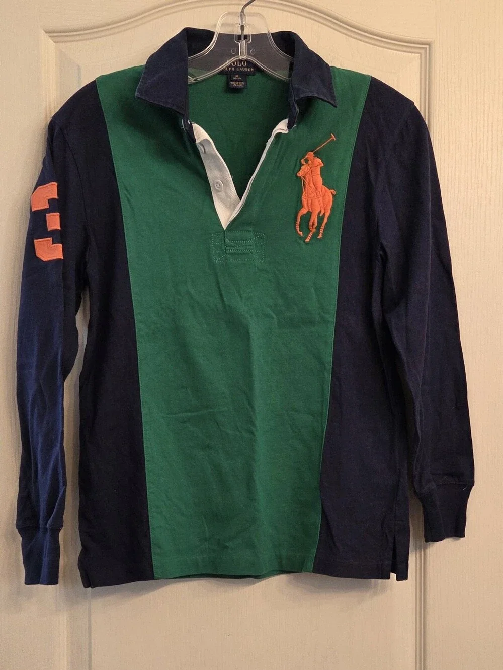 Ralph Lauren Green & Navy Long Sleeve Rugby ShirtOrange Pony Kid Size M (10-12)